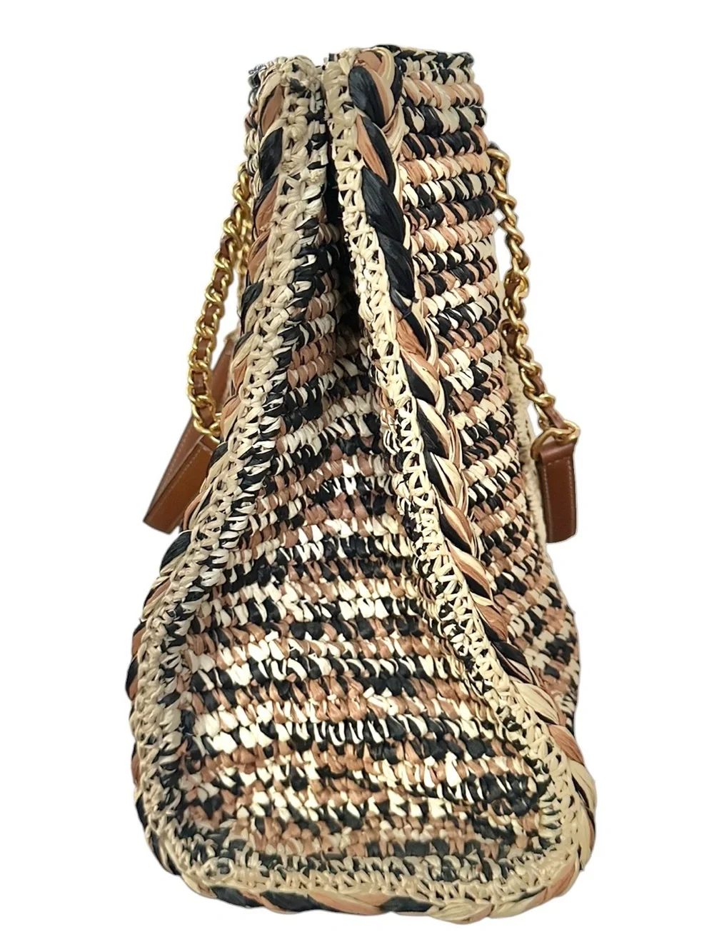 Tory Burch Ella Raffia Chain Large Tote Black Brown Cream